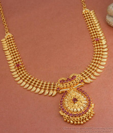 Kerala Bridal 1 Gram Gold Necklace Ruby Stone Mullai Design NCKN3249