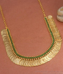 Lakshmi Coin Gold Plated Necklace Studded With Emerald Stone NCKN3250