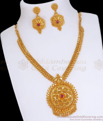 Womens One Gram Gold Necklace Earring Combo Ruby Stone Mullai Design NCKN3271