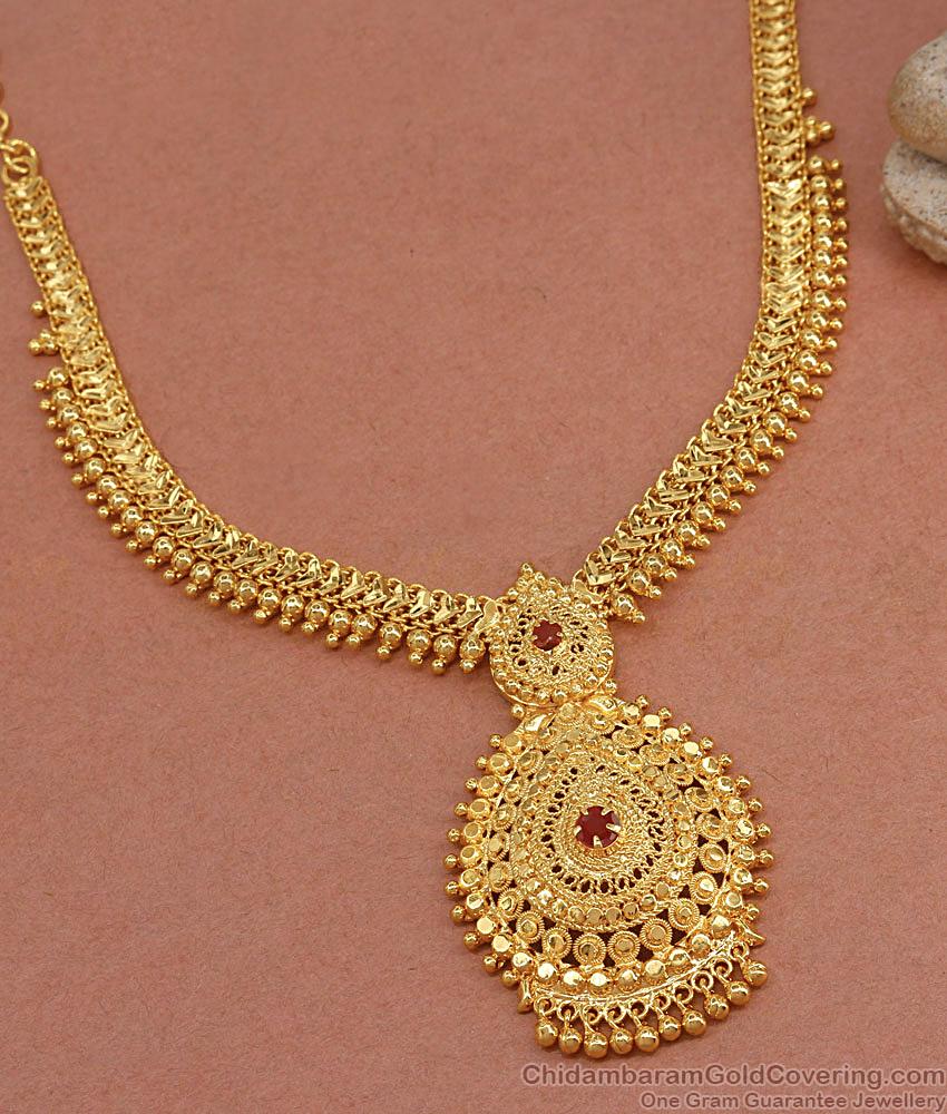 High Quality Heart Chain Kerala Wedding Gold Necklace With Ruby Stone NCKN3398 High Quality Heart Chain Kerala Wedding Gold Necklace With Ruby Stone NCKN3398
