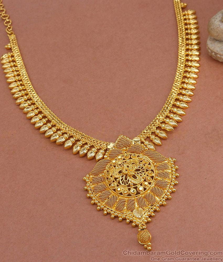 Kerala Traditional One Gram Gold Necklace Net Pattern Pendant NCKN3405
