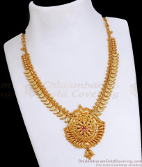 Kerala One Gram Gold Leaf Design Gold Necklace With Ruby Stone NCKN3409 Kerala One Gram Gold Leaf Design Gold Necklace With Ruby Stone NCKN3409