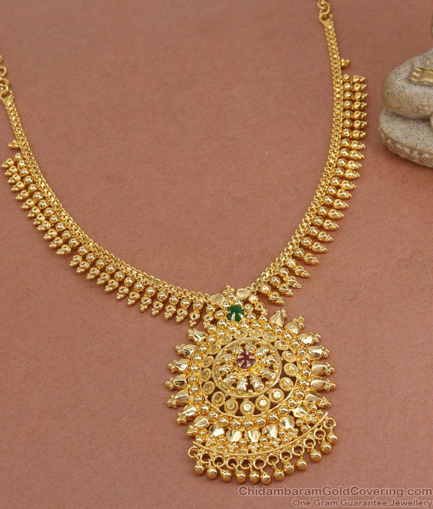 New Model Gold Tone Bridal Necklace Ruby Green Stone Mullaipoo Design NCKN3411 New Model Gold Tone Bridal Necklace Ruby Green Stone Mullaipoo Design NCKN3411