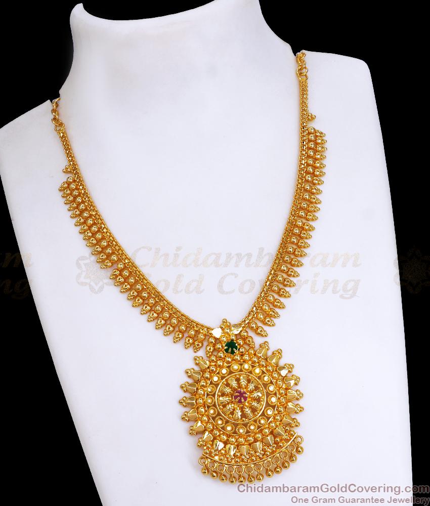 New Model Gold Tone Bridal Necklace Ruby Green Stone Mullaipoo Design NCKN3411 New Model Gold Tone Bridal Necklace Ruby Green Stone Mullaipoo Design NCKN3411