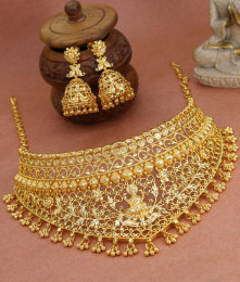 Divine Gold Lakshmi Choker Necklace Set Design With Jhumkas NCKN3417