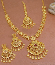 Grand Peacock Design Full Gold Necklace Maang Tikka with Earring Set NCKN3458