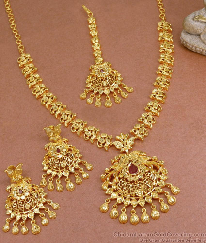Grand Peacock Design Full Gold Necklace Maang Tikka with Earring