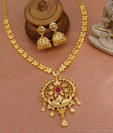Ruby Stone Two Gram Gold Peacock Necklace Set With Jhumkas NCKN3651