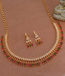 Simple Multi Stone Mullaipoo Gold Necklace With Pin Type Earring NCKN3665 Simple Multi Stone Mullaipoo Gold Necklace With Pin Type Earring NCKN3665