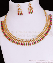 Simple Multi Stone Mullaipoo Gold Necklace With Pin Type Earring NCKN3665 Simple Multi Stone Mullaipoo Gold Necklace With Pin Type Earring NCKN3665