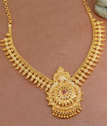 Traditional Mullai Mottu Gold Necklace Design With Ruby Stone NCKN3693