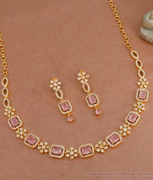 Grand Look Light Pink Stone Artificial Diamond Necklace Gold Bridal Set NCKN3718