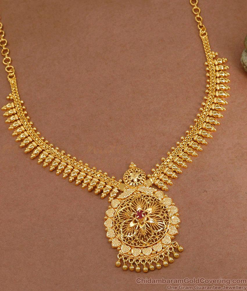 High Quality Gold Plated Mullai Arumbu Necklace With Ruby Stone NCKN3737 High Quality Gold Plated Mullai Arumbu Necklace With Ruby Stone NCKN3737