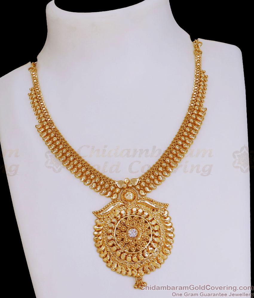 Single White Stone Gold Plated Necklace Mango Design For Marriage NCKN3765 Single White Stone Gold Plated Necklace Mango Design For Marriage NCKN3765