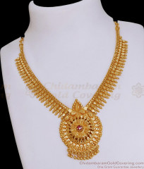 Kerala Gold Imitation Mullai Arumbu Necklace With Ruby Stone NCKN3791