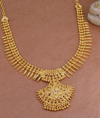 Latest Mullaipoo Design One Gram Gold Necklace White Stone Design NCKN3826
