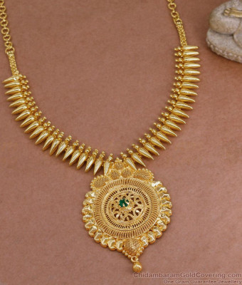 Pure Gold Tone Emerald Stone Necklace Big Mullai Design NCKN3827