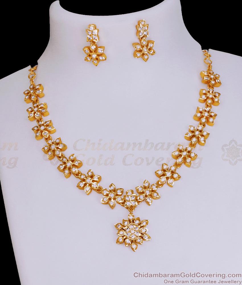Glittering White Stone Impon Necklace Floral Design Online NCKN3832 Glittering White Stone Impon Necklace Floral Design Online NCKN3832