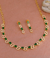 Stylish Emerald Stone Diamond Necklace Set Gold Finish For Engagement NCKN3840