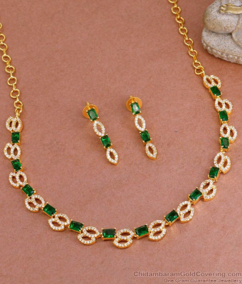 Stylish Emerald Stone Diamond Necklace Set Gold Finish For Engagement NCKN3840