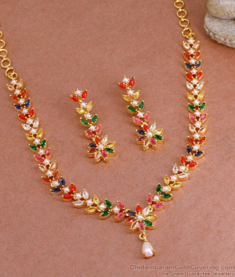 Sparkling Multi Stone Floral Design Fancy Necklace Navaratnam Jewelry Design NCKN3842