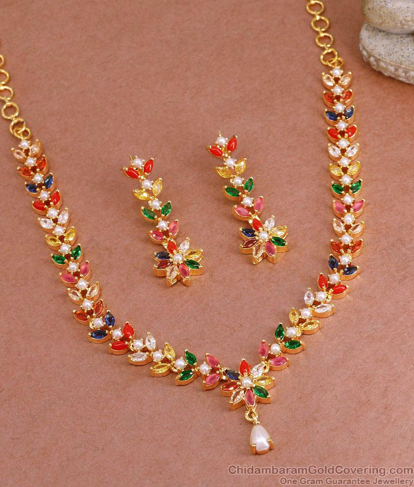 Sparkling Multi Stone Floral Design Fancy Necklace Navaratnam Jewelry Design NCKN3842 Sparkling Multi Stone Floral Design Fancy Necklace Navaratnam Jewelry Design NCKN3842