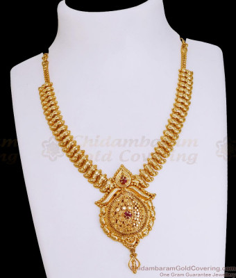 Traditional Mango Design Gold Imitation Necklace Design With Stone NCKN3883