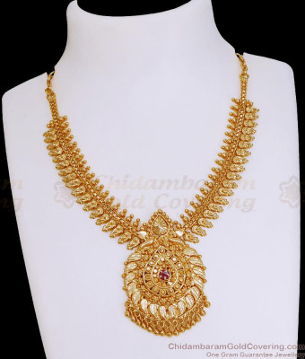 Single Ruby Stone Mullai Arumbu Design Gold Plated Necklace Online NCKN3885
