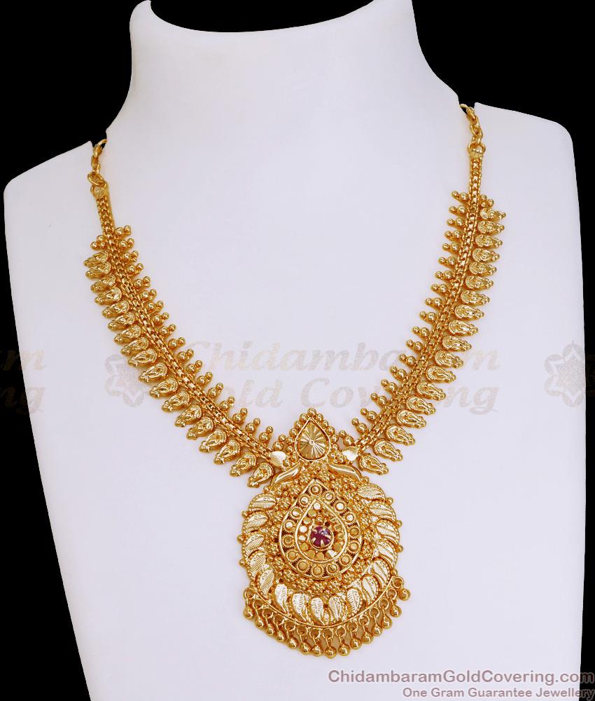 Single Ruby Stone Mullai Arumbu Design Gold Plated Necklace Online NCKN3885 Single Ruby Stone Mullai Arumbu Design Gold Plated Necklace Online NCKN3885