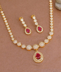 Light Weight Gold Finish Fancy Diamond Necklace With Ruby Stone NCKN3913