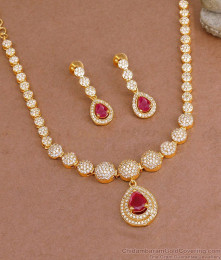 Light Weight Gold Finish Fancy Diamond Necklace With Ruby Stone NCKN3913