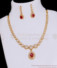 Light Weight Gold Finish Fancy Diamond Necklace With Ruby Stone NCKN3913