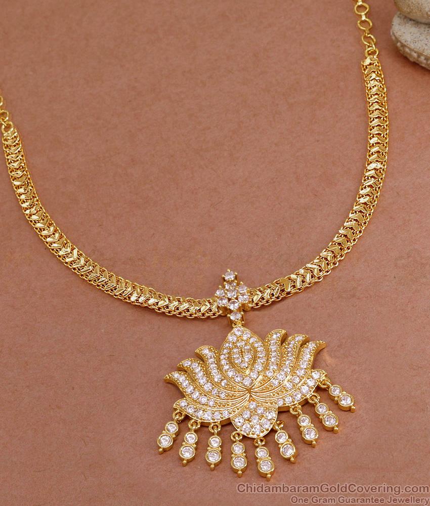 Attractive White Ad Stone Lotus Pendant Gold Plated Attigai Necklace NCKN3930