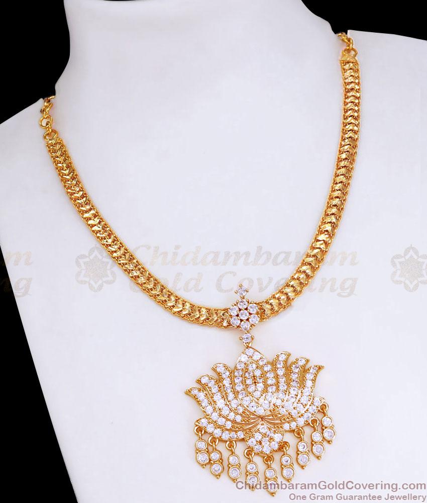 Attractive White Ad Stone Lotus Pendant Gold Plated Attigai Necklace NCKN3930
