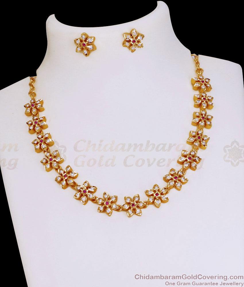 Unique Floral Design Impon Stone Attigai Necklace With Earring NCKN3939