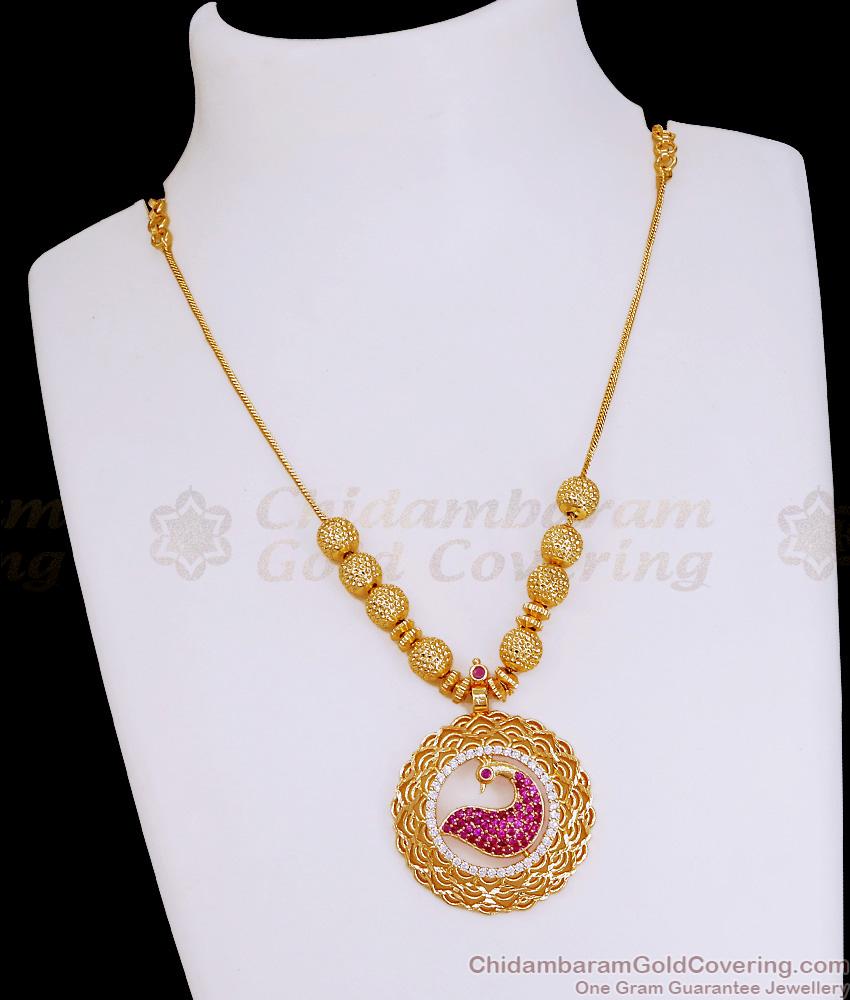 Glittering Ruby White Stone Peacock Pendant Necklace Bollywood Design NCKN4022