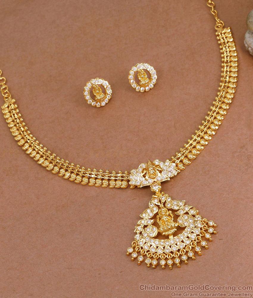 White Stone Gajalakshmi Impon Pendant Gold Plated Mango Necklace NCKN4039