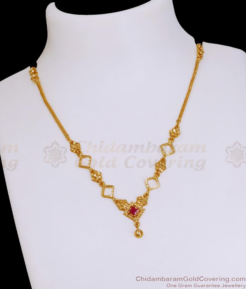 Light Weight Single Ruby Stone 1 Gram Gold Necklace For Women NCKN4049