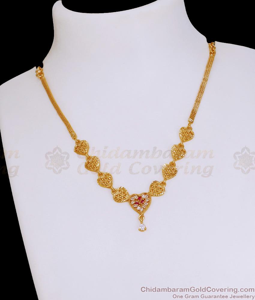 Stylish Heart Design Gold Imitation Necklace With Ruby White Stone NCKN4059