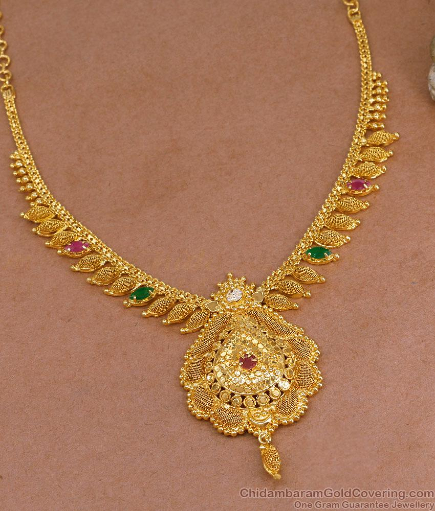 Latest Bridal Wear Net Pattern Gold Necklace With Multi Stone NCKN4064