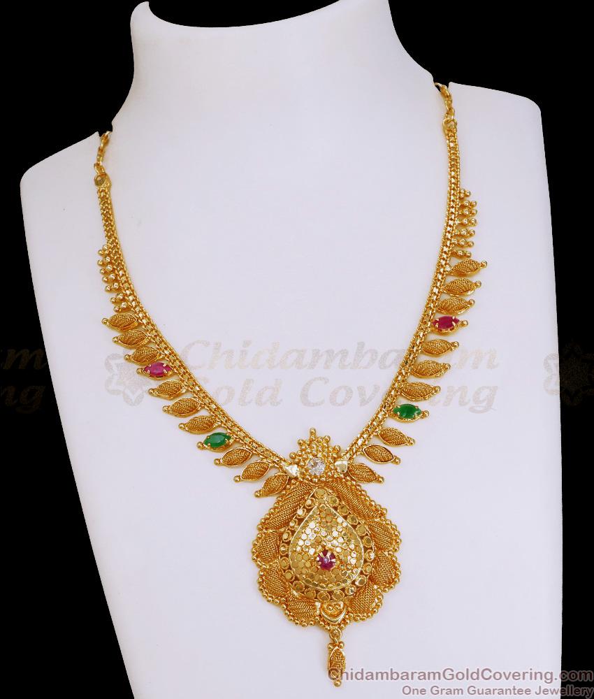 Latest Bridal Wear Net Pattern Gold Necklace With Multi Stone NCKN4064