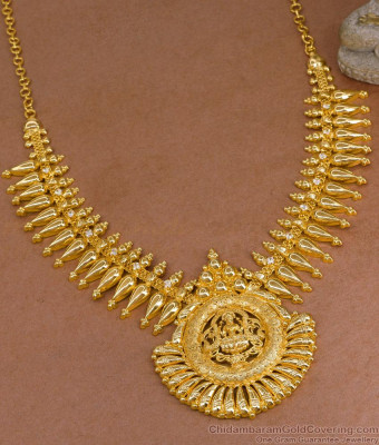 Premium Quality 1 Gram Gold Lakshmi Necklace White Stone Kerala Jewelry NCKN4068