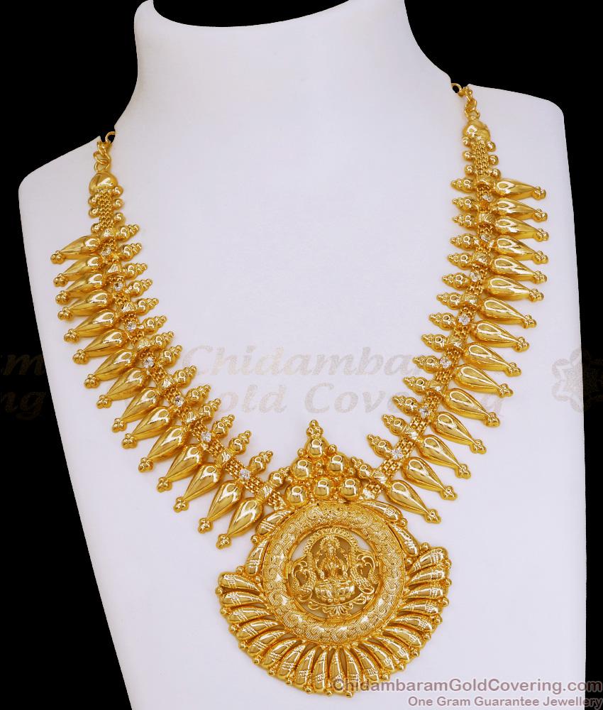 Premium Quality 1 Gram Gold Lakshmi Necklace White Stone Kerala Jewelry NCKN4068