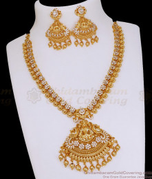 Grand Bridal Wear Lakshmi Design Necklace Combo White Stone Design NCKN4073 Grand Bridal Wear Lakshmi Design Necklace Combo White Stone Design NCKN4073