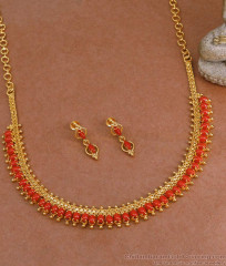 Latest Kerala Pattern Coral Necklace Earring 1 Gram Gold Jewelry NCKN4093 Latest Kerala Pattern Coral Necklace Earring 1 Gram Gold Jewelry NCKN4093