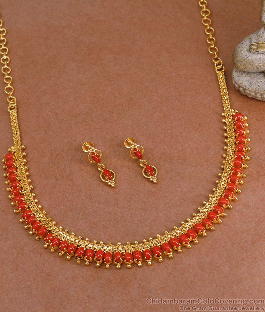 Latest Kerala Pattern Coral Necklace Earring 1 Gram Gold Jewelry NCKN4093 Latest Kerala Pattern Coral Necklace Earring 1 Gram Gold Jewelry NCKN4093