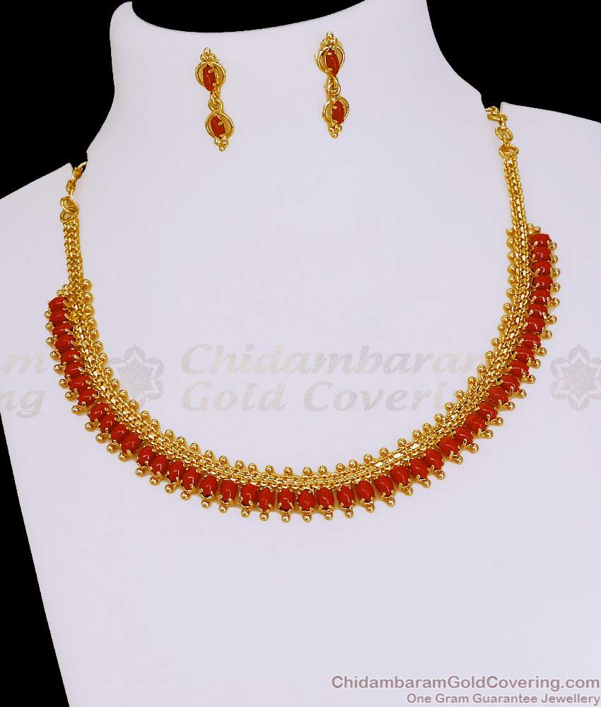 Latest Kerala Pattern Coral Necklace Earring 1 Gram Gold Jewelry NCKN4093 Latest Kerala Pattern Coral Necklace Earring 1 Gram Gold Jewelry NCKN4093