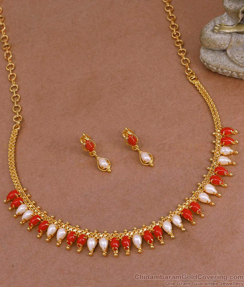 Elegant Light Weight Gold Plated Coral Necklace Pearl Bridal Set NCKN4094 Elegant Light Weight Gold Plated Coral Necklace Pearl Bridal Set NCKN4094