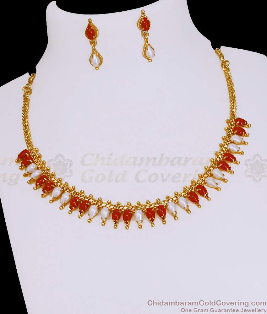 Elegant Light Weight Gold Plated Coral Necklace Pearl Bridal Set NCKN4094 Elegant Light Weight Gold Plated Coral Necklace Pearl Bridal Set NCKN4094