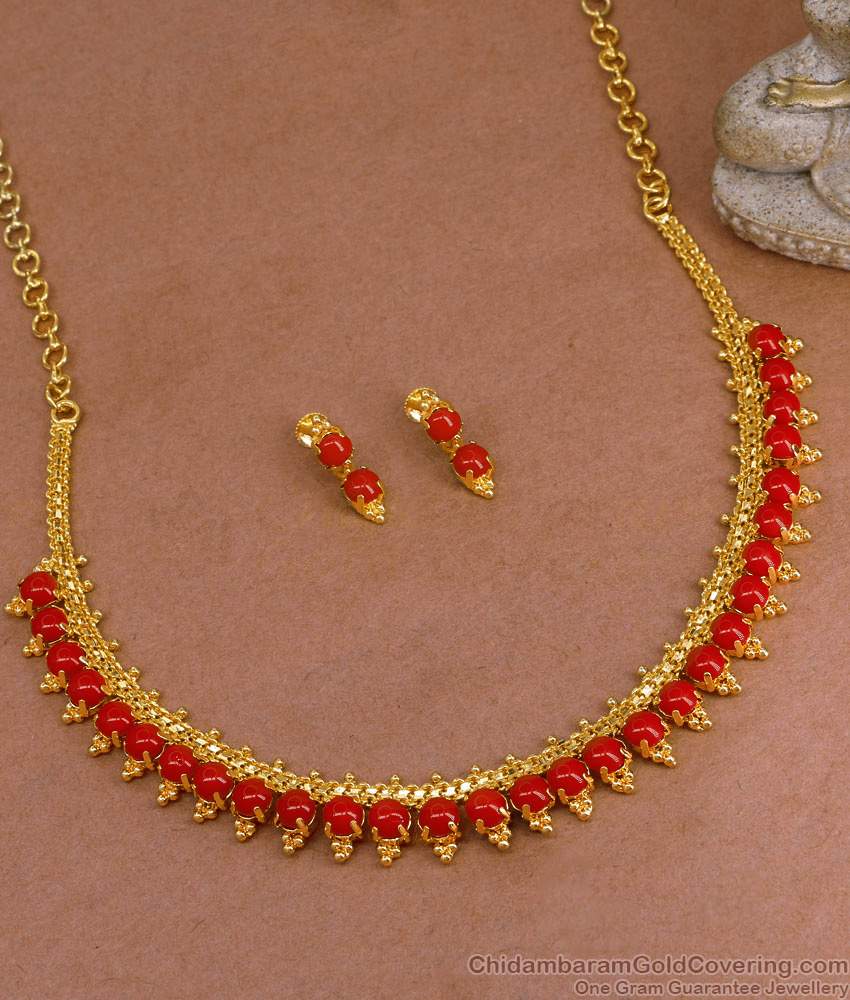 High Quality Red Coral Stone Gold Imitation Necklace Combo Set Online NCKN4097